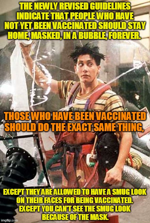 Vaccinated Bubble Boy | THE NEWLY REVISED GUIDELINES INDICATE THAT PEOPLE WHO HAVE NOT YET BEEN VACCINATED SHOULD STAY HOME, MASKED, IN A BUBBLE, FOREVER. THOSE WHO HAVE BEEN VACCINATED SHOULD DO THE EXACT SAME THING, EXCEPT THEY ARE ALLOWED TO HAVE A SMUG LOOK 
ON THEIR FACES FOR BEING VACCINATED. 
EXCEPT YOU CAN'T SEE THE SMUG LOOK 
BECAUSE OF THE MASK. | image tagged in bubble boy,vaccinated | made w/ Imgflip meme maker