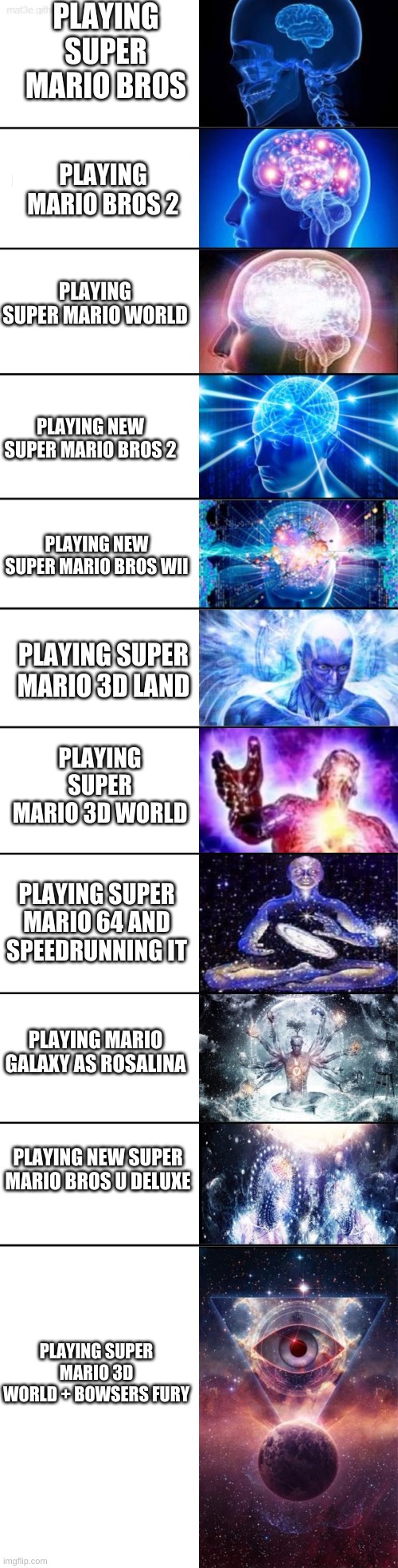 Extended Expanding Brain | PLAYING SUPER MARIO BROS; PLAYING MARIO BROS 2; PLAYING SUPER MARIO WORLD; PLAYING NEW SUPER MARIO BROS 2; PLAYING NEW SUPER MARIO BROS WII; PLAYING SUPER MARIO 3D LAND; PLAYING SUPER MARIO 3D WORLD; PLAYING SUPER MARIO 64 AND SPEEDRUNNING IT; PLAYING MARIO GALAXY AS ROSALINA; PLAYING NEW SUPER MARIO BROS U DELUXE; PLAYING SUPER MARIO 3D WORLD + BOWSERS FURY | image tagged in extended expanding brain | made w/ Imgflip meme maker