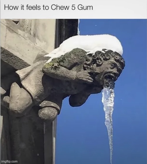 How it feels to chew 5 gum. | image tagged in 5 gum,ice,gargoyle,memes,death | made w/ Imgflip meme maker