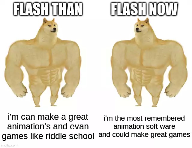 it's sad that flash i gone but it was really | FLASH THAN; FLASH NOW; i'm can make a great animation's and evan games like riddle school; i'm the most remembered animation soft ware and could make great games | image tagged in buff doge vs buff doge | made w/ Imgflip meme maker