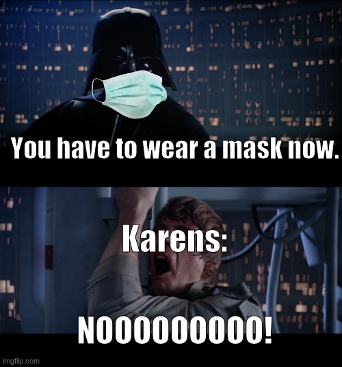 Wear a mask, and we will be safe from the coronavirus, as cashier and customer! | You have to wear a mask now. Karens:; NOOOOOOOOO! | image tagged in memes,star wars no | made w/ Imgflip meme maker