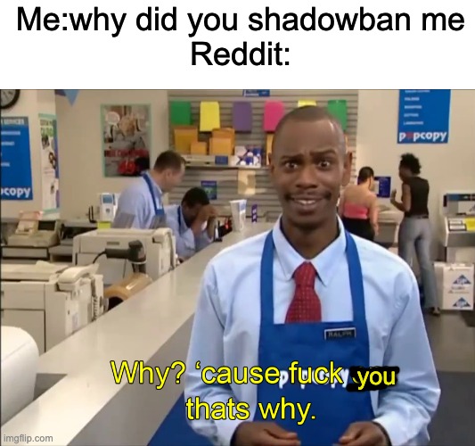 I think reddit hates me | Me:why did you shadowban me
Reddit:; you | image tagged in blank white template,reddit | made w/ Imgflip meme maker