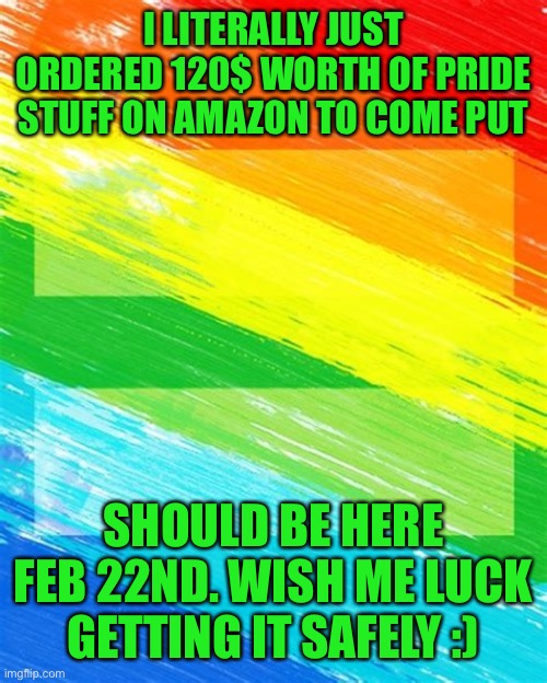 With my own money,To clarify | I LITERALLY JUST ORDERED 120$ WORTH OF PRIDE STUFF ON AMAZON TO COME PUT; SHOULD BE HERE FEB 22ND. WISH ME LUCK GETTING IT SAFELY :) | made w/ Imgflip meme maker
