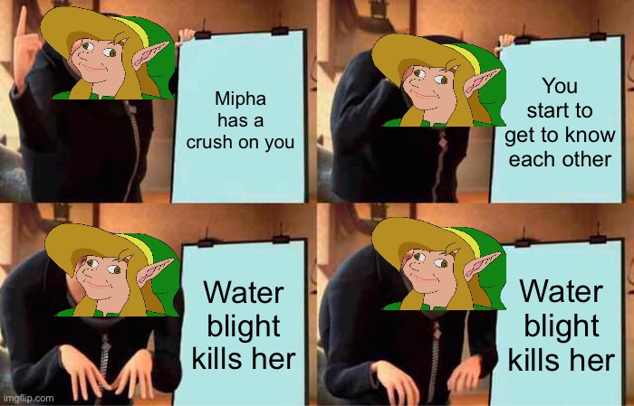Gru's Plan Meme | Mipha has a crush on you; You start to get to know each other; Water blight kills her; Water blight kills her | image tagged in memes,gru's plan | made w/ Imgflip meme maker