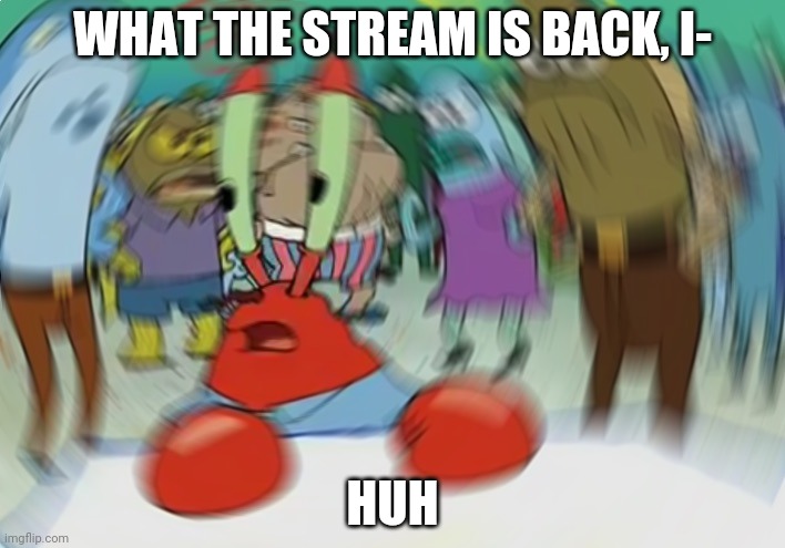 I understand what happened but wow | WHAT THE STREAM IS BACK, I-; HUH | image tagged in memes,mr krabs blur meme,hello | made w/ Imgflip meme maker