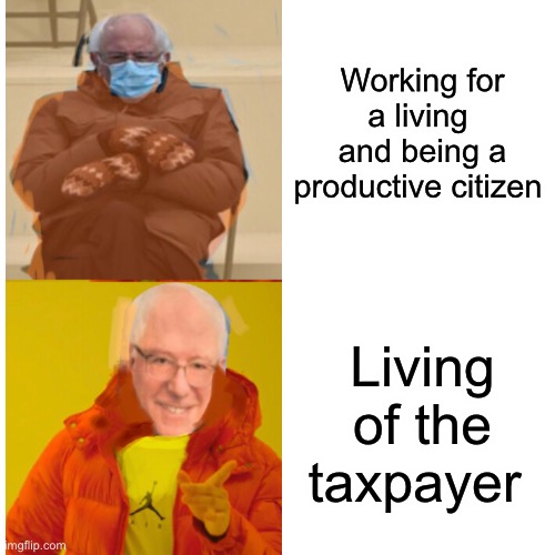 Working for a living  and being a productive citizen; Living of the taxpayer | image tagged in memes,drake,bernie sanders,politics lol | made w/ Imgflip meme maker