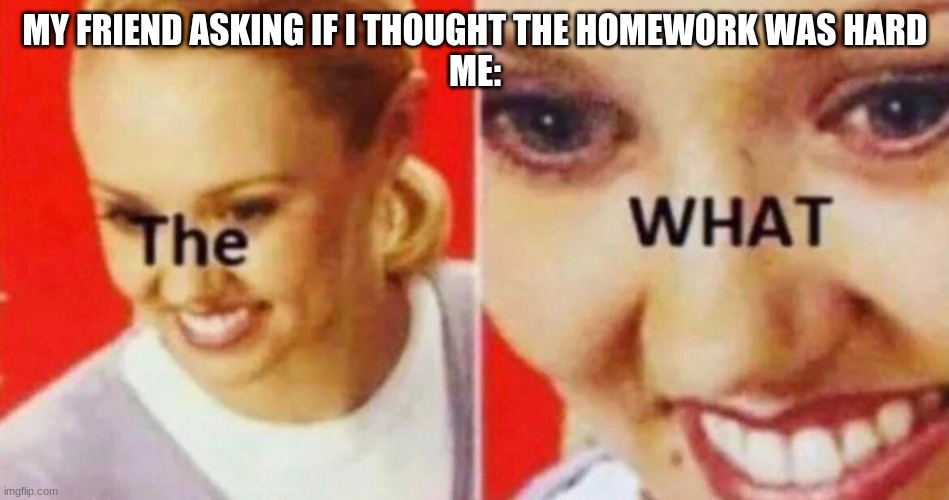 the what | MY FRIEND ASKING IF I THOUGHT THE HOMEWORK WAS HARD
ME: | image tagged in the what | made w/ Imgflip meme maker