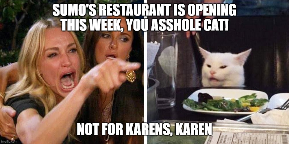 Smudge the cat | SUMO'S RESTAURANT IS OPENING THIS WEEK, YOU ASSHOLE CAT! NOT FOR KARENS, KAREN | image tagged in smudge the cat | made w/ Imgflip meme maker