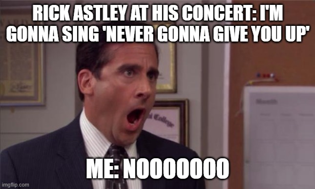 Don't rickroll me | RICK ASTLEY AT HIS CONCERT: I'M GONNA SING 'NEVER GONNA GIVE YOU UP'; ME: NOOOOOOO | image tagged in noooooo,rick astley,rickrolling | made w/ Imgflip meme maker