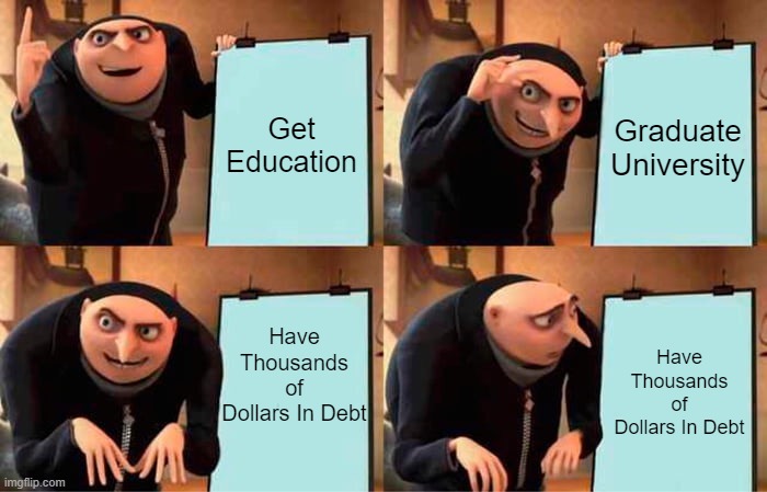 Student Debt Be Like | Get Education; Graduate University; Have Thousands of Dollars In Debt; Have Thousands of Dollars In Debt | image tagged in memes,gru's plan | made w/ Imgflip meme maker