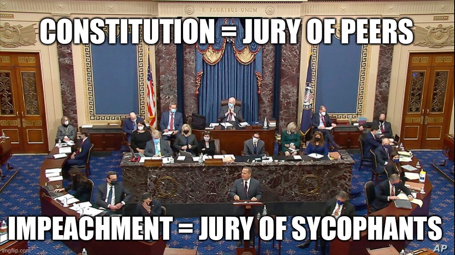 Jury of Sycophants | CONSTITUTION = JURY OF PEERS; IMPEACHMENT = JURY OF SYCOPHANTS | image tagged in impeach trump,impeachment,trump | made w/ Imgflip meme maker