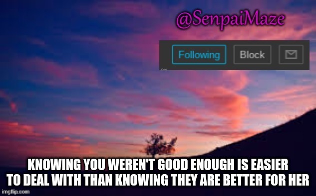 sunset | KNOWING YOU WEREN'T GOOD ENOUGH IS EASIER TO DEAL WITH THAN KNOWING THEY ARE BETTER FOR HER | image tagged in sunset | made w/ Imgflip meme maker