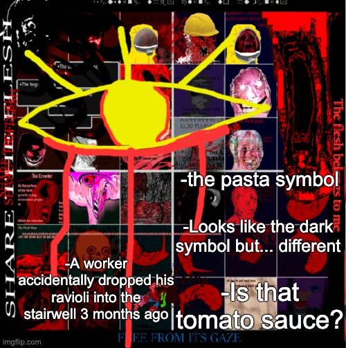 MEAT 9X9 DO IT | -the pasta symbol; -Looks like the dark symbol but... different; -A worker accidentally dropped his ravioli into the stairwell 3 months ago; -Is that tomato sauce? | image tagged in ever expanding bunker | made w/ Imgflip meme maker