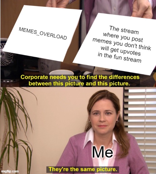 Please don't ban me Dream. | MEMES_OVERLOAD; The stream where you post memes you don't think will get upvotes in the fun stream; Me | image tagged in memes,they're the same picture | made w/ Imgflip meme maker