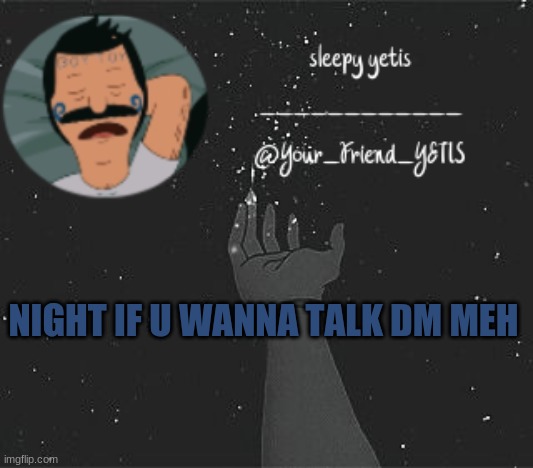 ya | NIGHT IF U WANNA TALK DM MEH | image tagged in nighttime yetis | made w/ Imgflip meme maker