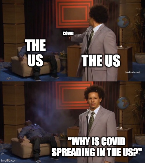 Who Killed Hannibal | COVID; THE US; THE US; "WHY IS COVID SPREADING IN THE US?" | image tagged in memes,who killed hannibal,covid-19 | made w/ Imgflip meme maker