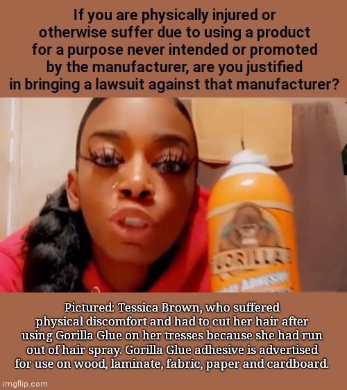 Should manufacturers be held responsible for ordeals such as the one experienced by "Gorilla Glue girl"? | If you are physically injured or otherwise suffer due to using a product for a purpose never intended or promoted by the manufacturer, are you justified in bringing a lawsuit against that manufacturer? Pictured: Tessica Brown, who suffered physical discomfort and had to cut her hair after using Gorilla Glue on her tresses because she had run out of hair spray. Gorilla Glue adhesive is advertised for use on wood, laminate, fabric, paper and cardboard. | image tagged in tessica brown gorilla glue girl,liability,who is responsible,bad choices | made w/ Imgflip meme maker