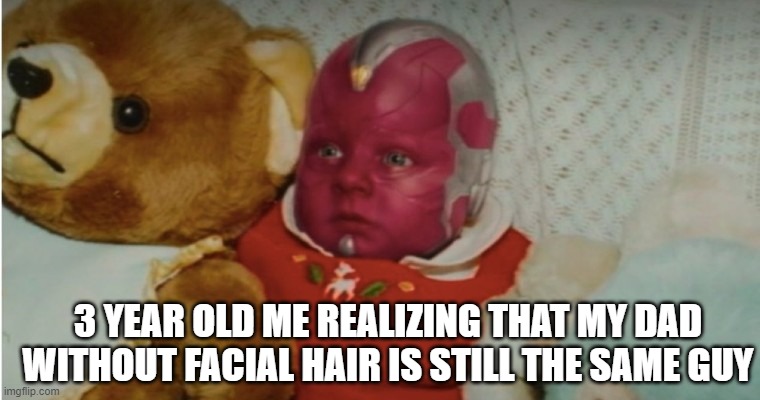 baby vision | 3 YEAR OLD ME REALIZING THAT MY DAD WITHOUT FACIAL HAIR IS STILL THE SAME GUY | image tagged in fandom,fandoms,wandavision,marvel,television | made w/ Imgflip meme maker