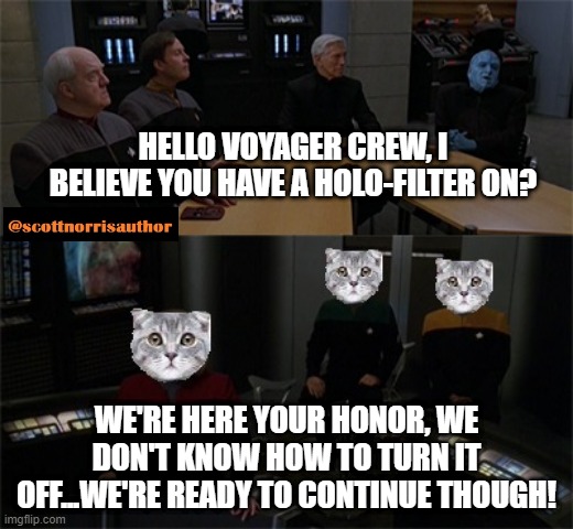 Voyager Holo-Filter | HELLO VOYAGER CREW, I BELIEVE YOU HAVE A HOLO-FILTER ON? WE'RE HERE YOUR HONOR, WE DON'T KNOW HOW TO TURN IT OFF...WE'RE READY TO CONTINUE THOUGH! | image tagged in voyager holo-filter | made w/ Imgflip meme maker
