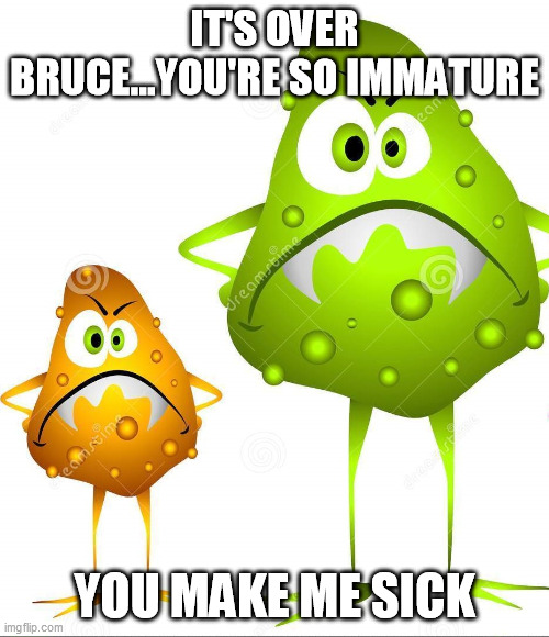 Germ relationship gone wrong. | IT'S OVER BRUCE...YOU'RE SO IMMATURE; YOU MAKE ME SICK | image tagged in germ,relationship,sick,bugs,covid19,breakup | made w/ Imgflip meme maker