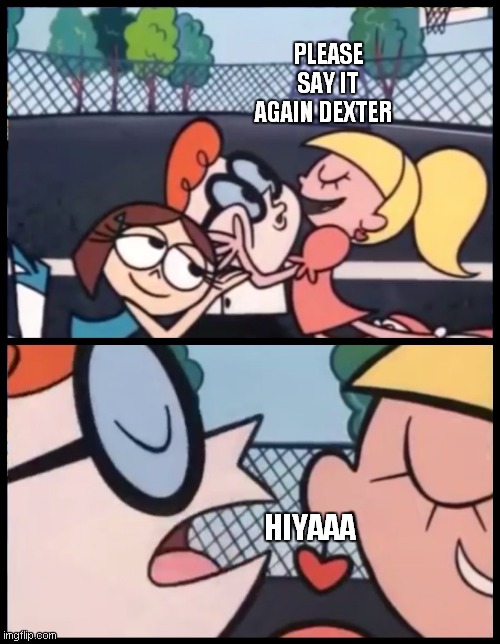 Say it Again, Dexter Meme | PLEASE SAY IT AGAIN DEXTER; HIYAAA | image tagged in memes,say it again dexter | made w/ Imgflip meme maker