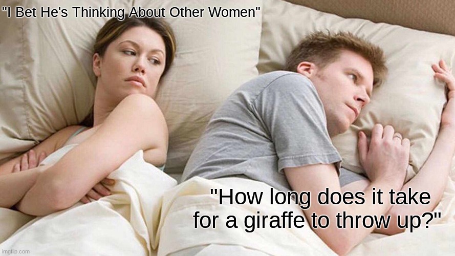 I Bet He's Thinking About Other Women | "I Bet He's Thinking About Other Women"; "How long does it take for a giraffe to throw up?" | image tagged in memes,i bet he's thinking about other women | made w/ Imgflip meme maker