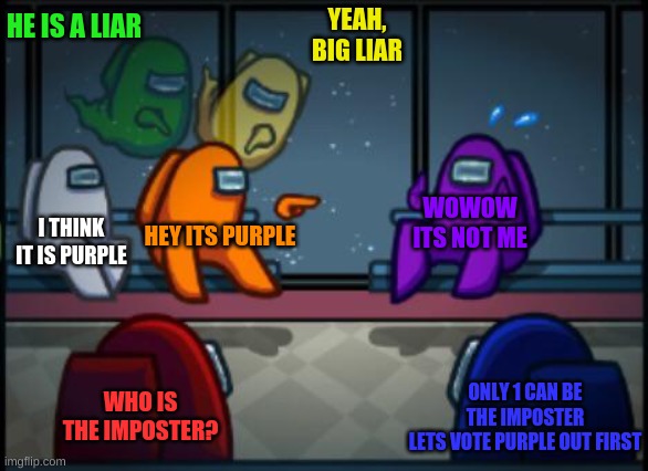 Among us be like | HE IS A LIAR; YEAH,
BIG LIAR; WOWOW
ITS NOT ME; HEY ITS PURPLE; I THINK IT IS PURPLE; WHO IS THE IMPOSTER? ONLY 1 CAN BE THE IMPOSTER
LETS VOTE PURPLE OUT FIRST | image tagged in among us blame,emergency meeting among us | made w/ Imgflip meme maker
