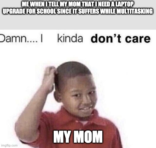 damn i kinda dont care | ME WHEN I TELL MY MOM THAT I NEED A LAPTOP UPGRADE FOR SCHOOL SINCE IT SUFFERS WHILE MULTITASKING; MY MOM | image tagged in damn i kinda dont care | made w/ Imgflip meme maker