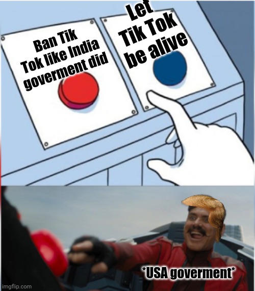 did the right thing | Let Tik Tok be alive; Ban Tik Tok like India goverment did; *USA goverment* | image tagged in robotnik pressing red button | made w/ Imgflip meme maker