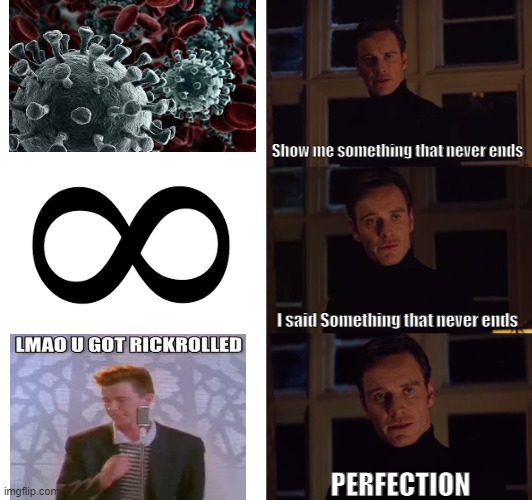 Perfection | Show me something that never ends; I said Something that never ends; PERFECTION | image tagged in perfection,memes,funny memes,funny meme,lmao got rickrolled | made w/ Imgflip meme maker