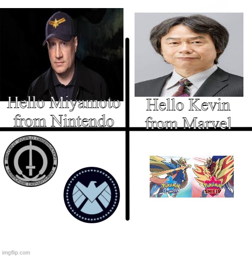 Yes. They copied each other without knowing it. | Hello Miyamoto from Nintendo; Hello Kevin from Marvel | image tagged in memes,blank starter pack | made w/ Imgflip meme maker