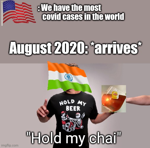 so, i have send this too late | : We have the most 
                  covid cases in the world; August 2020: *arrives*; "Hold my chai" | image tagged in hold my beer | made w/ Imgflip meme maker