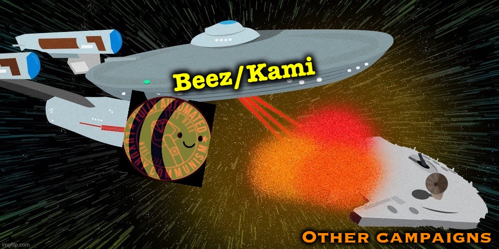 Vote Beez for maximum pew pew | Beez/Kami; Other campaigns | image tagged in enterprise destroys millennium falcon,star trek,presidential race,star wars,pew pew pew,lasers | made w/ Imgflip meme maker