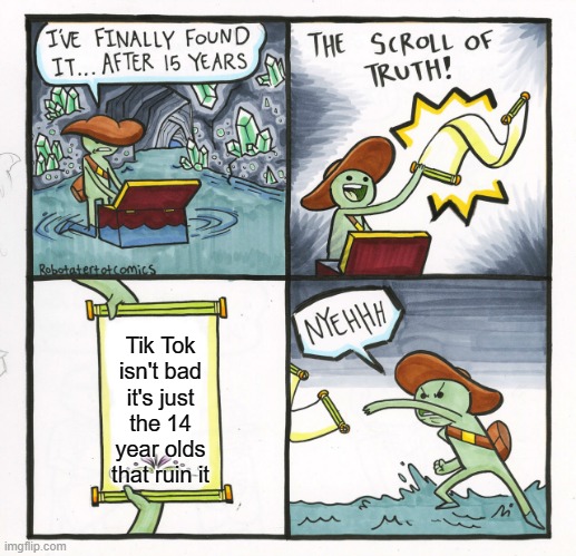 The Scroll Of Truth Meme | Tik Tok isn't bad it's just the 14 year olds that ruin it | image tagged in memes,the scroll of truth | made w/ Imgflip meme maker