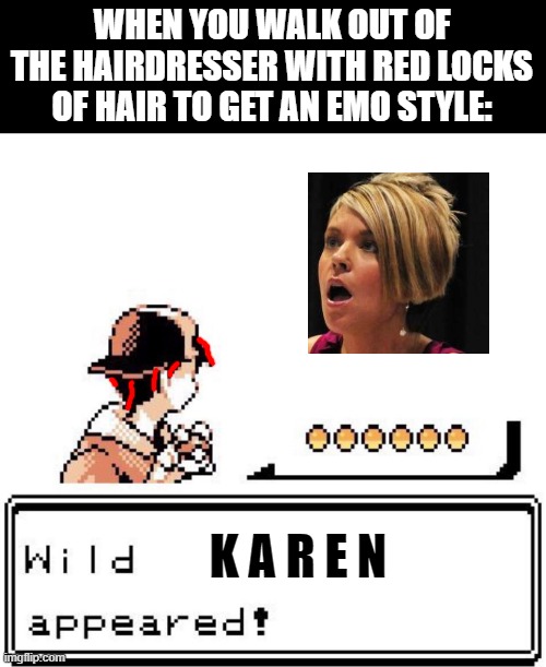 BE GONE, KAREN ! | WHEN YOU WALK OUT OF THE HAIRDRESSER WITH RED LOCKS OF HAIR TO GET AN EMO STYLE:; K A R E N | image tagged in blank wild pokemon appears,memes,dyed hair,karen | made w/ Imgflip meme maker