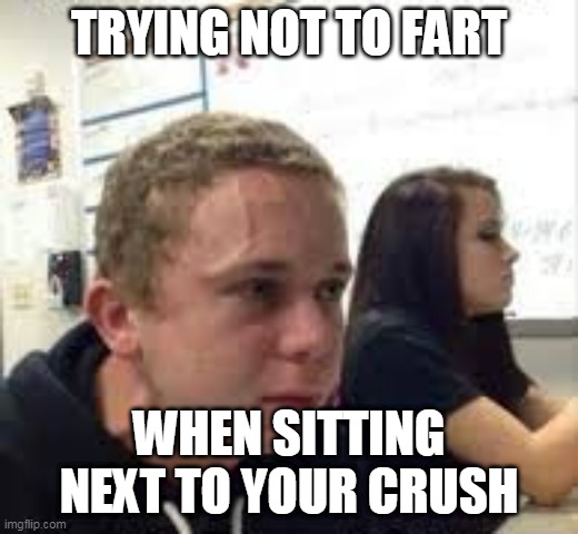 when u try not to fart while sitting next to ur crush | TRYING NOT TO FART; WHEN SITTING NEXT TO YOUR CRUSH | image tagged in funny | made w/ Imgflip meme maker