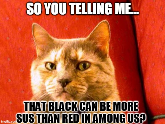 Suspicious Cat | SO YOU TELLING ME... THAT BLACK CAN BE MORE SUS THAN RED IN AMONG US? | image tagged in memes,suspicious cat | made w/ Imgflip meme maker
