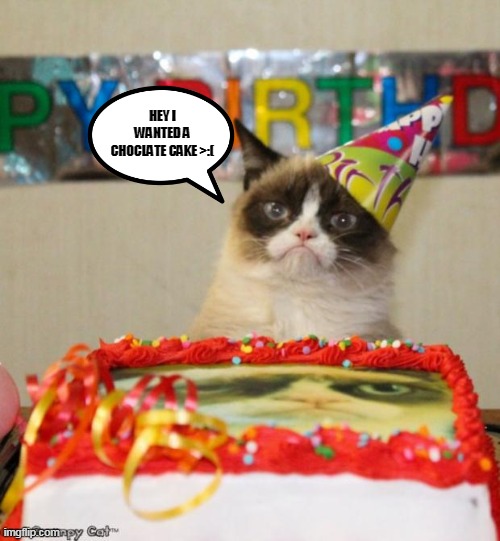 Grumpy Cat Birthday | HEY I WANTED A CHOCLATE CAKE >:( | image tagged in memes,grumpy cat birthday,grumpy cat | made w/ Imgflip meme maker