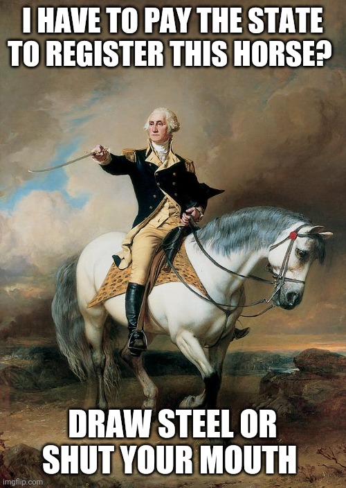 We're past the point of return | I HAVE TO PAY THE STATE TO REGISTER THIS HORSE? DRAW STEEL OR SHUT YOUR MOUTH | image tagged in george washington,communism,democrats,nanny state,death and taxes,deep state | made w/ Imgflip meme maker