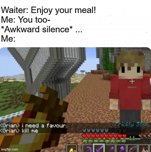 Can we make this meme template more popular? Hermitcraft rules! :D | Waiter: Enjoy your meal!
Me: You too-
*Awkward silence* ...
Me: | image tagged in grian kill me,grian,you too,awkward moment | made w/ Imgflip meme maker