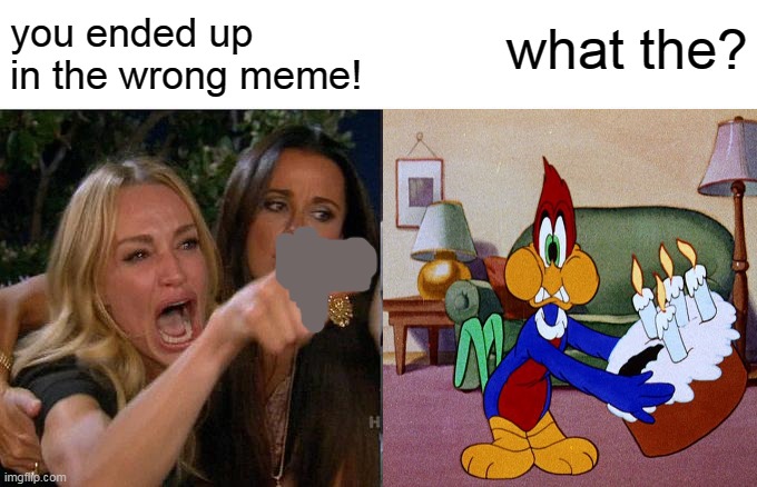 Woody Woodpecker ends up in the wrong meme | what the? you ended up in the wrong meme! | image tagged in woody woodpecker,woman yelling at cat | made w/ Imgflip meme maker