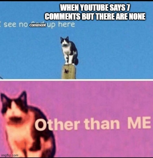 when youtube says 7 comments but there are none | WHEN YOUTUBE SAYS 7 COMMENTS BUT THERE ARE NONE; comment | image tagged in youtube | made w/ Imgflip meme maker