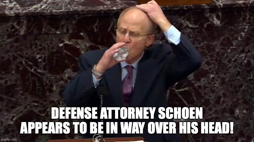 Why Trump lawyer David Schoen covered his head with every sip of water? | DEFENSE ATTORNEY SCHOEN APPEARS TO BE IN WAY OVER HIS HEAD! | image tagged in david schoen,donald trump,trump impeachment,trump's lawyer,sarcasm,lol so funny | made w/ Imgflip meme maker