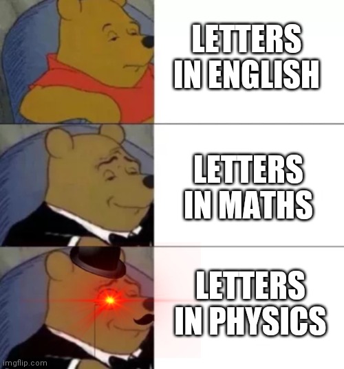 When you are at School | LETTERS IN ENGLISH; LETTERS IN MATHS; LETTERS IN PHYSICS | image tagged in fancy pooh | made w/ Imgflip meme maker
