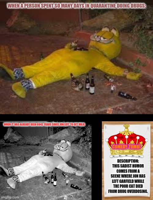 Passed out Garfield | WHEN A PERSON SPENT SO MANY DAYS IN QUARANTINE DOING DRUGS:; WHEN IT HAS ALREADY BEEN 6942 YEARS SINCE JON LEFT TO GET MILK:; COMEDY-TOMB! DESCRIPTION: THIS SADIST HUMOR COMES FROM A SCENE WHERE JON HAS LEFT GARFIELD WHILE THE POOR CAT DIED FROM DRUG OVERDOSING. | image tagged in memes,garfield,sketchy drug dealer | made w/ Imgflip meme maker