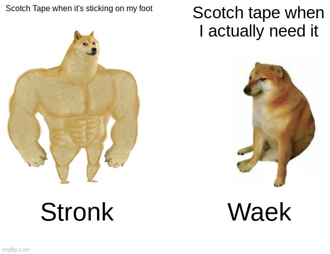 Buff Doge vs. Cheems | Scotch Tape when it's sticking on my foot; Scotch tape when I actually need it; Stronk; Waek | image tagged in memes,buff doge vs cheems | made w/ Imgflip meme maker