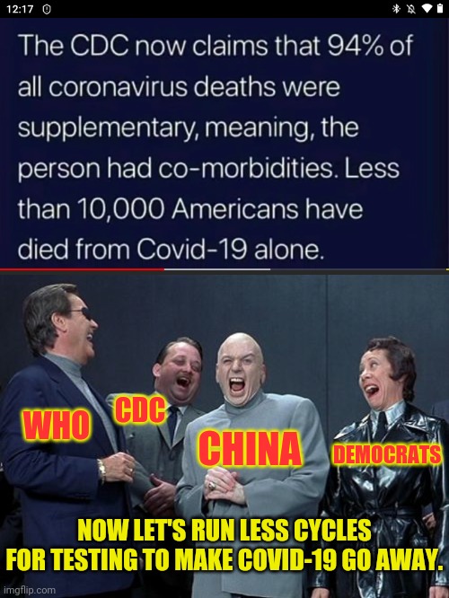 We're Being Played | CDC; WHO; CHINA; DEMOCRATS; NOW LET'S RUN LESS CYCLES FOR TESTING TO MAKE COVID-19 GO AWAY. | image tagged in memes,laughing villains,communist,democrats,cdc,who | made w/ Imgflip meme maker