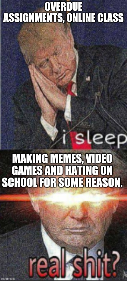 real shit? | OVERDUE ASSIGNMENTS, ONLINE CLASS; MAKING MEMES, VIDEO GAMES AND HATING ON SCHOOL FOR SOME REASON. | image tagged in trump real shit,new template,original meme | made w/ Imgflip meme maker