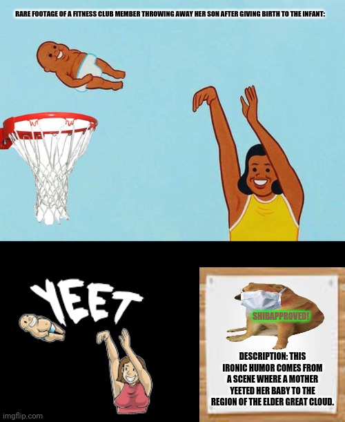 baby yeet basketball |  RARE FOOTAGE OF A FITNESS CLUB MEMBER THROWING AWAY HER SON AFTER GIVING BIRTH TO THE INFANT:; SHIBAPPROVED! DESCRIPTION: THIS IRONIC HUMOR COMES FROM A SCENE WHERE A MOTHER YEETED HER BABY TO THE REGION OF THE ELDER GREAT CLOUD. | image tagged in memes,baby yeet,extreme sports | made w/ Imgflip meme maker