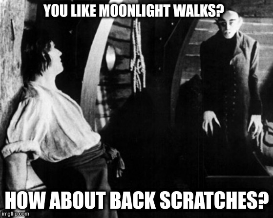 First dates can be awkweird | YOU LIKE MOONLIGHT WALKS? HOW ABOUT BACK SCRATCHES? | image tagged in first date,vampire,funny meme | made w/ Imgflip meme maker